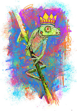 Colorful illustration of a crowned chameleon perched on a branch with vibrant splashes.