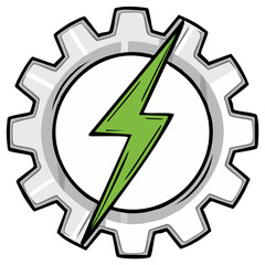 Green lightning bolt inside gray gear symbol for power and technology concept