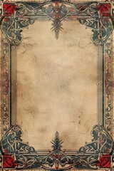 Obraz premium An aged parchment background, framed by an ornate, dark border with hints of red and teal detailing. The texture is rough and mottled, suggesting antiquity