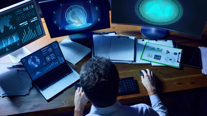 Professional using multiple holographic displays with AI-driven financial dashboards. Concept of global economy, digital markets, fintech intelligence, and business technology innovation. Collage