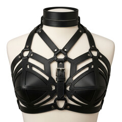 Black leather harness bra with choker isolated on transparent background