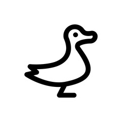 Illustration of a stylized duck with a simple black outline standing on two legs with a small tail shape