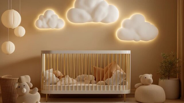 Modern nursery with glowing cloud wall lights, wooden crib, and soft toys, creating a cozy and dreamy kids room atmosphere