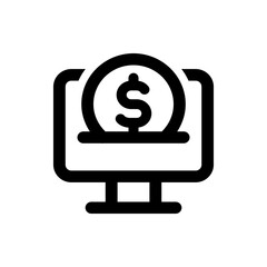 Black and white icon showing a computer screen with a coin featuring a dollar sign on the screen top center