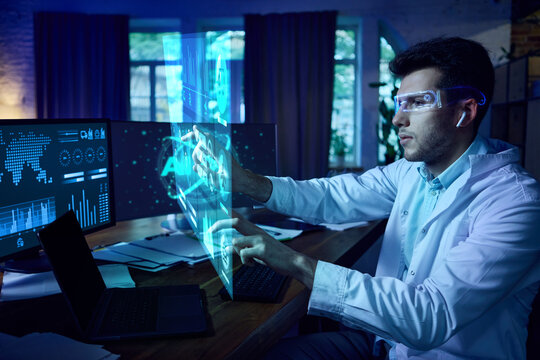Scientist wearing AR glasses interacting with futuristic AI interface and digital dashboards. Concept of augmented reality, cyber technology, workplace innovation, and web design solutions. Collage