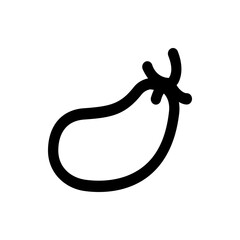 A simple black outline drawing of an eggplant with a curved body and a short stem with three prongs