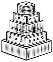 Fantastical tiered tower with symbolic drawers and clocks hand drawn illustration