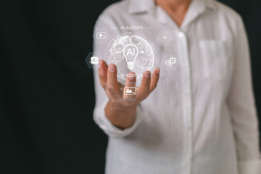 Futuristic concept of artificial intelligence agents with digital globe and icons, symbolizing AI technology, innovation, automation, and smart solutions for business and data.