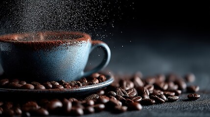 Artistic coffee splash with beans and powder in motion
