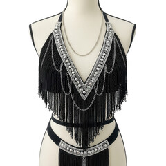 Black beaded halter top with fringe and rhinestones isolated on transparent background
