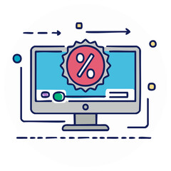 Online discount promotion on a monitor screen showcasing a percentage symbol in an illustrated style, modern digital commerce concept