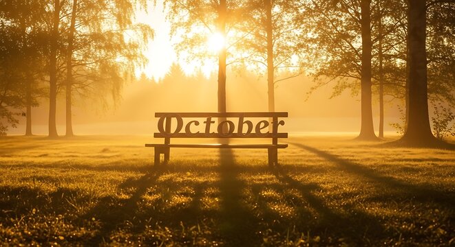 Autumn sunrise wooden bench