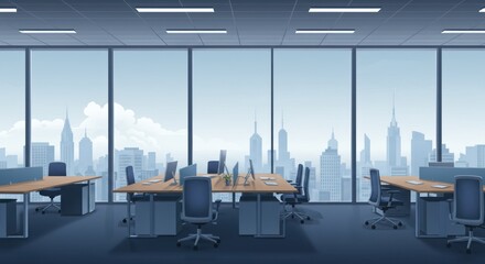 Empty office space with skyline view, desks and chairs arrangement