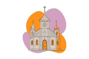 Gray church building with crosses and orange windows vector