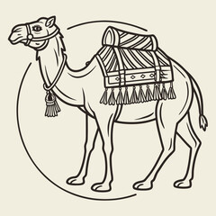 Fototapeta premium Vector art of line art illustration of a camel with a saddle and blanket, isolated on a light beige background