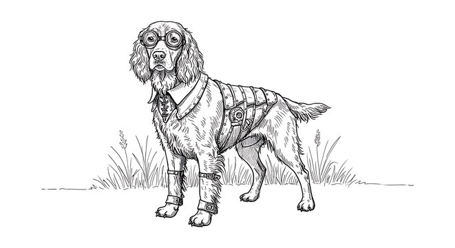 field spaniel in steampunk attire standing proudly in natur, copy space below, black and white minimalist sketch