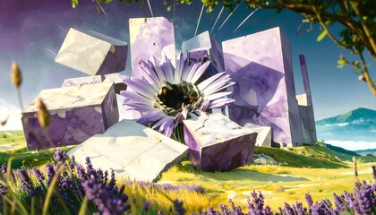 Lavender field with surreal cuboid structures and a large flower in a dreamlike landscape