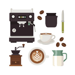 Set of coffee making icons and accessories including espresso machine, grinder, and latte art, isolated vector illustration for cafe design