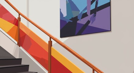 Interior staircase with abstract artwork in modern home or building