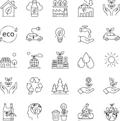 Ecology energy icon set. Containing renewable energy, ecology, green electricity, and more. Editable stroke. Vector illustration
