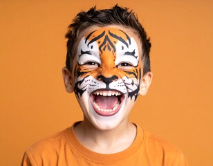 Child with tiger face paint laughs broadly