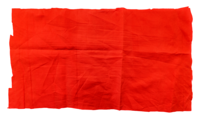 A piece of torn red satin fabric on a white background. Isolate a crumpled piece of fabric