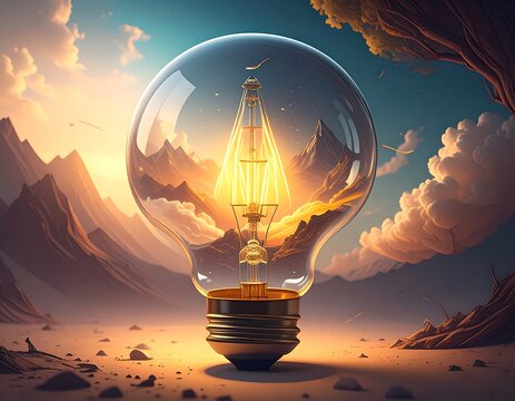 A giant lightbulb contains a miniature landscape with a ship at sunset - Powered by Adobe
