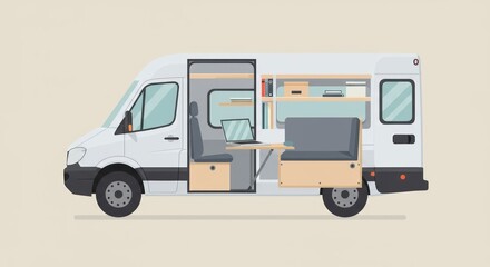 Converted van with interior workspace and seating for digital nomad