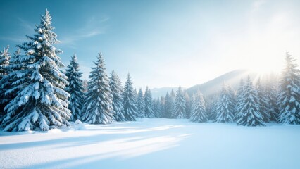 Naklejka premium A serene and picturesque scene of a snow-covered forest with tall pine trees, creating a winter wonderland atmosphere that evokes the beauty of nature, tranquility, and the holiday season.