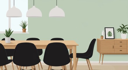 Dining room interior with a table chairs plants and a commode