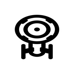 A stylized black and white icon depicting a spaceship with circular and horizontal elements on a white background
