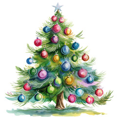  watercolor christmas tree with colorful ornaments clip art, white background 