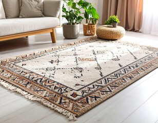 Beige area rug in living room with plants