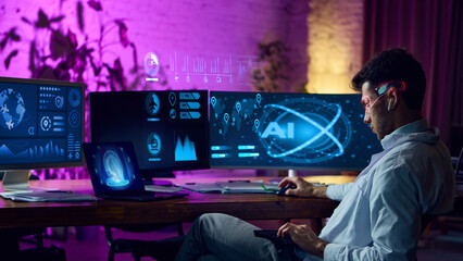 Professional monitors AI systems with futuristic dashboards under purple neon light. Concept of sci-fi digital aesthetics, workplace tech fatigue, and AI-powered workflows. Collage