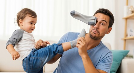  A father and his young child are engaged in a playful moment, with the child’s foot and sock near the father’s face, capturing a lighthearted and fun interaction between them