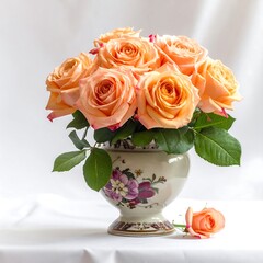 Peach roses in decorative vase