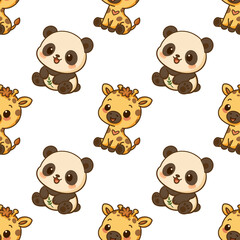 Cute cartoon kawaii Panda and giraffe seamless pattern