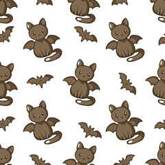 Halloween cartoon cats and bat seamless pattern, Kawaii dark cats, Cats with wings and bat pattern