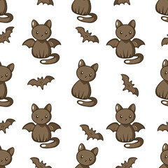 Halloween cartoon cats and bat seamless pattern, Kawaii dark cats, Cats with wings and bat pattern