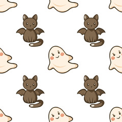 Naklejka premium Halloween cartoon ghost and dark cats with wings seamless pattern, Kawaii Halloween Ghost, Bat and Cat seamless pattern