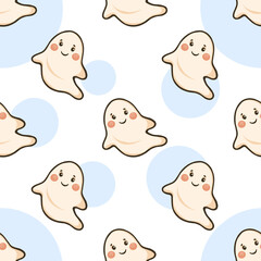 Halloween cartoon ghost seamless pattern, Kawaii Ghost on blue bubble background