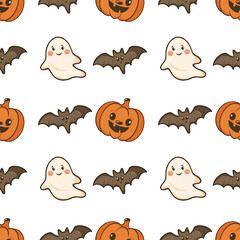 Halloween cartoon cliparts seamless pattern, Kawaii Ghost, Cute Pumpkin and bat seamless pattern