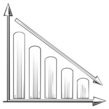 Declining graph with downward arrow illustrating economic recession and financial loss over time for business