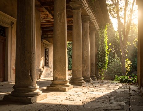 Sunlit colonnade, ancient architecture