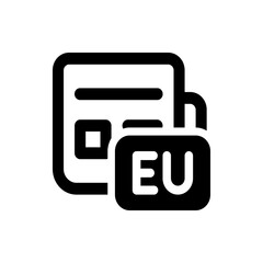A simple black and white icon depicting a document with a padlock overlay and the letters eu visible