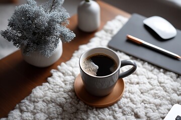 Morning coffee break in a home office, captured in a cozy environment with a top-down view to enhance the productivity concept.