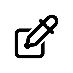 A simple black line drawing of an eyedropper tool icon placed inside a square outline shape design