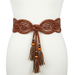 Brown macrame beaded tassel belt isolated on transparent background