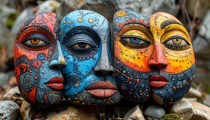 Colorful sculpted faces, detailed artistry