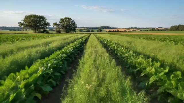 Shot of green manure plants growing between rows of sugar beets enhancing soil fertility naturally on an organic farm.